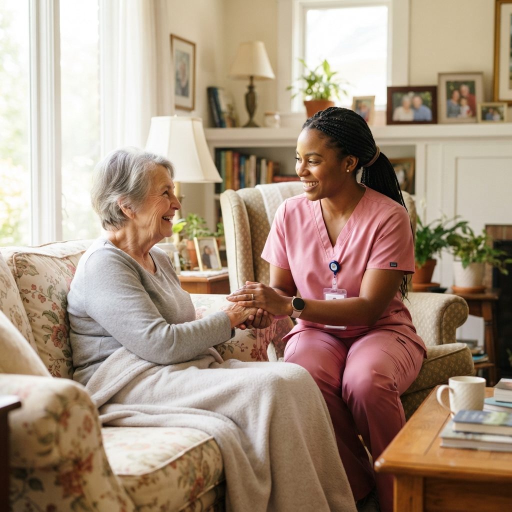 A Harmony caregiver sitting and talking with a client in her Tampa home