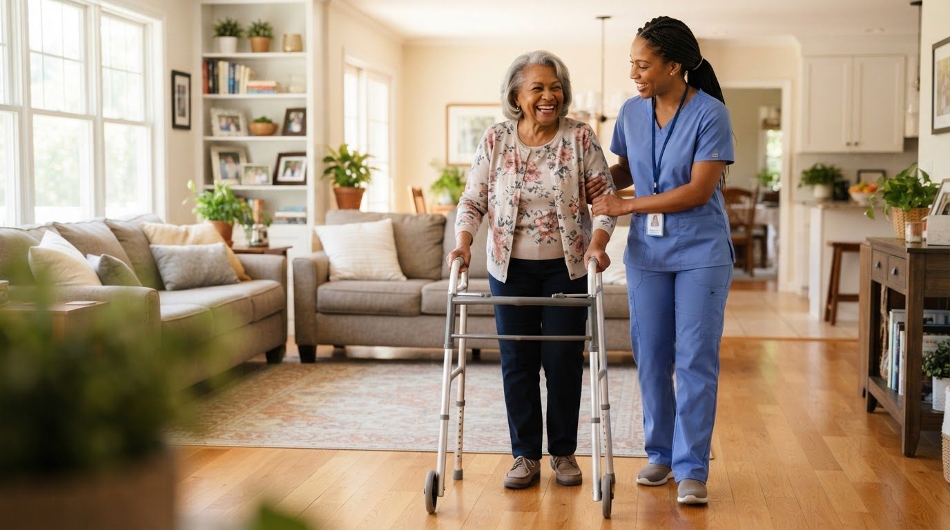 A Harmony caregiver walking with a client at home in Tampa