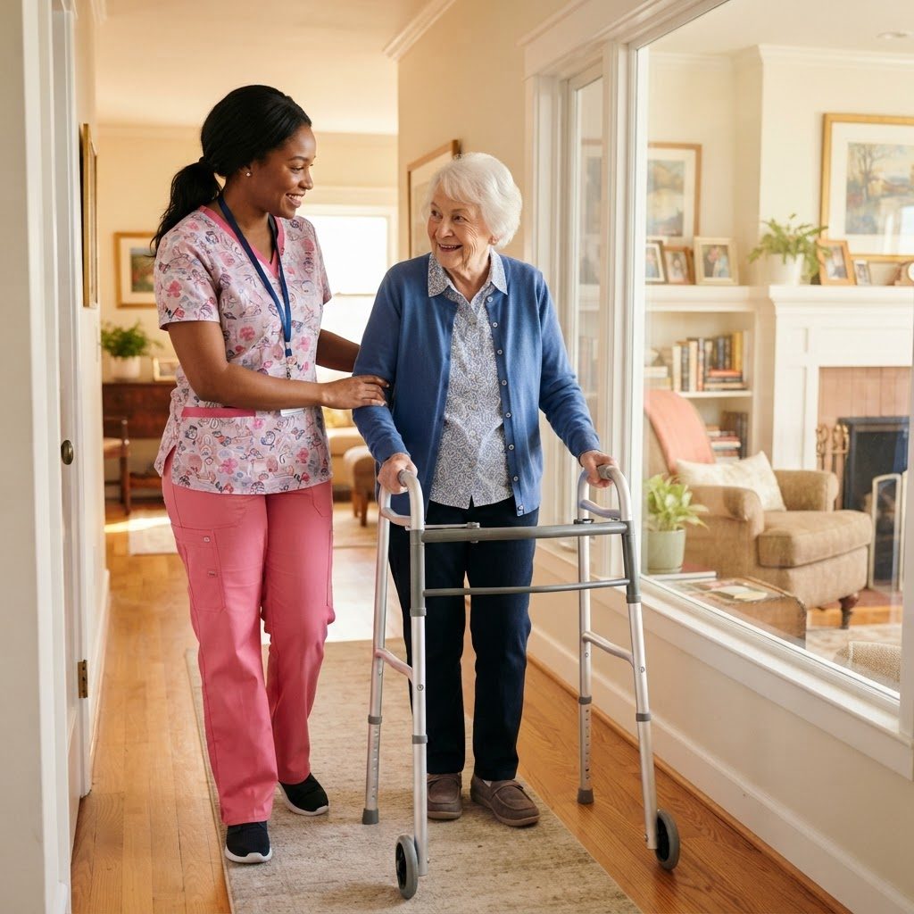 A Harmony caregiver supporting a client walking at home