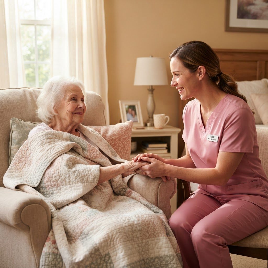 A caregiver sitting with a client at home
